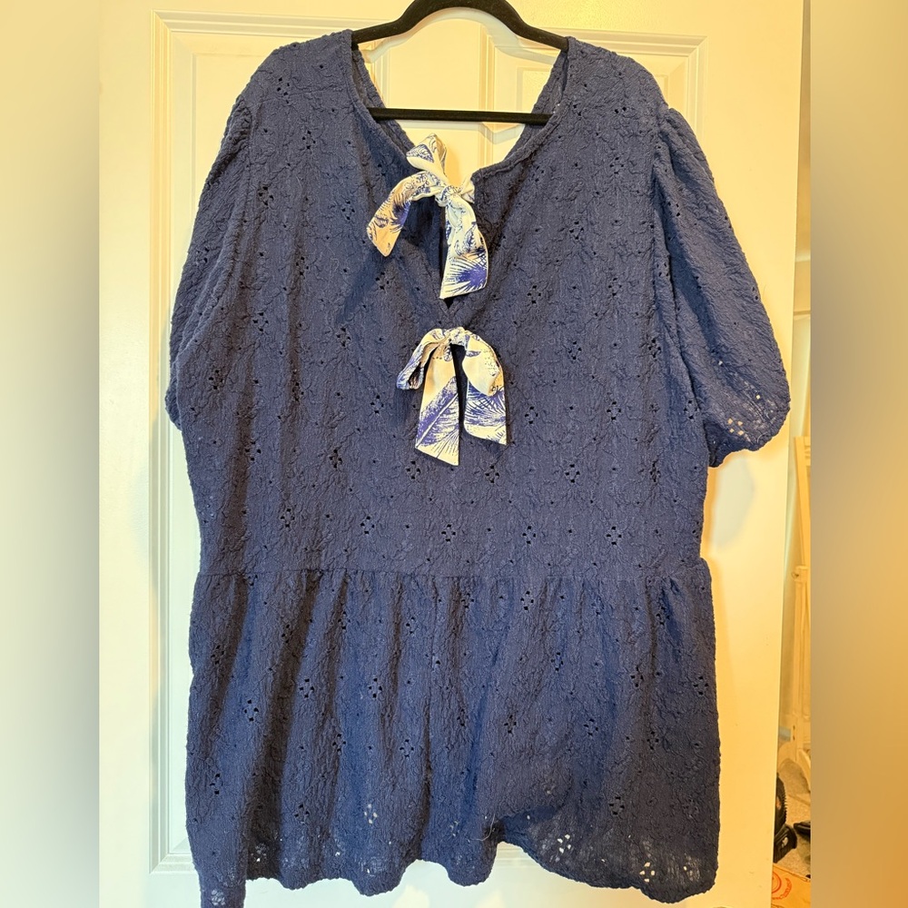 BloomChic Blue Textured Blouse with Floral Bow